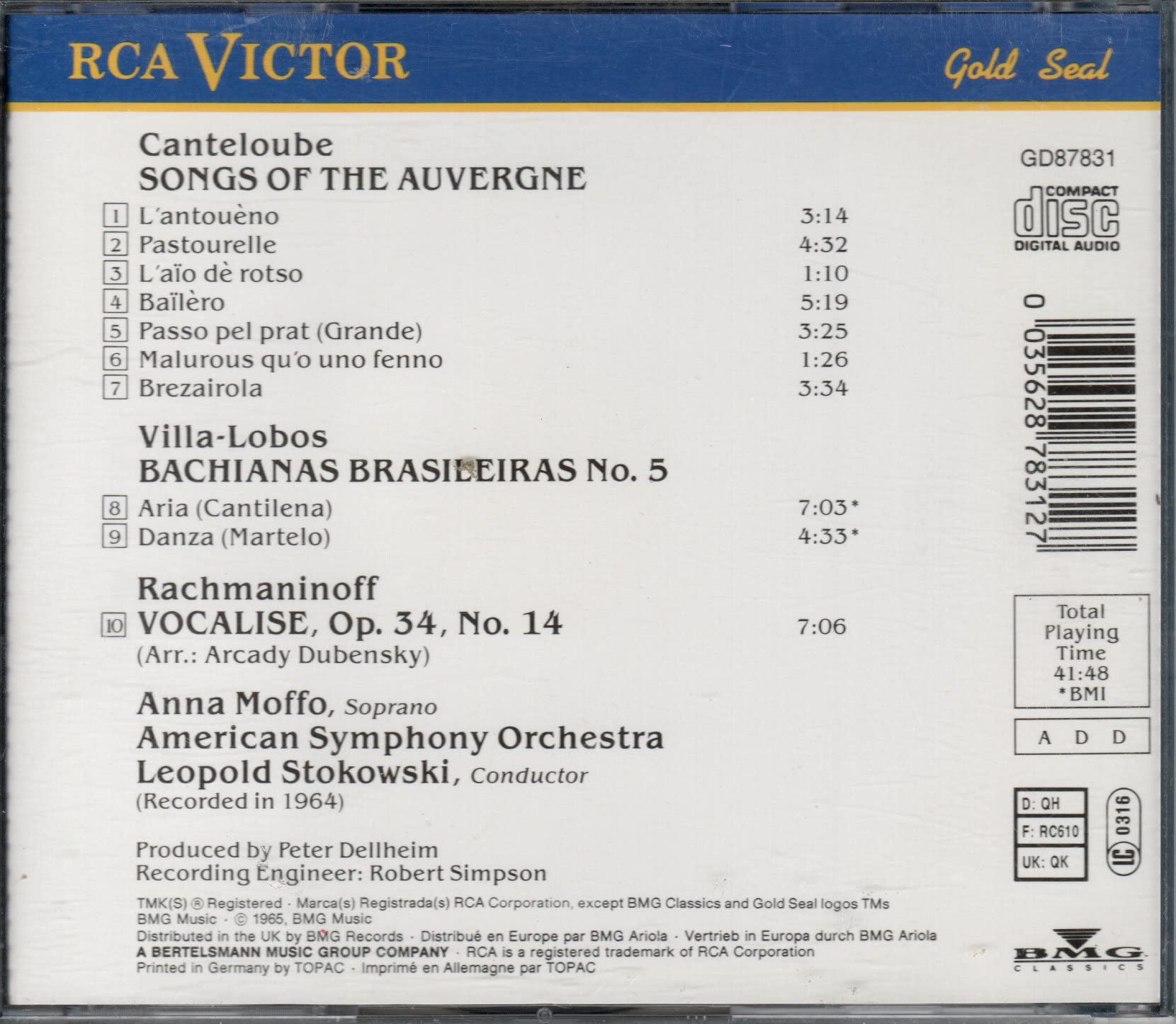 Songs Of The Auvergne / Bachianas Brasileiras No. 5 / Vocalise Classical