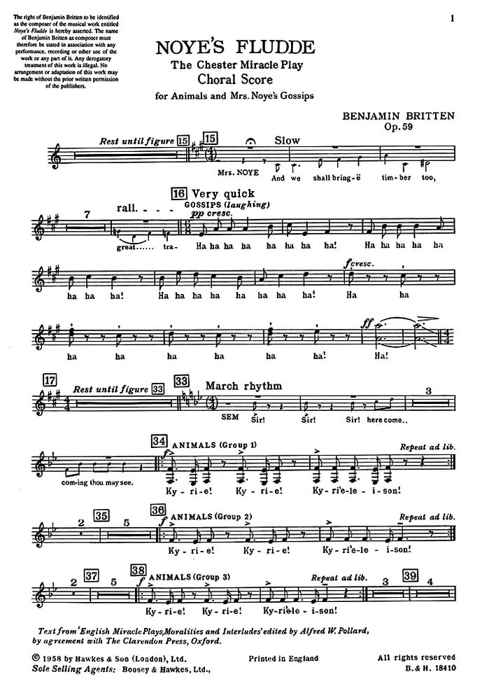 Noye's Fludde: The Chester Miracle Play. op. 59. Soli (ABarB), Sprecher, Kinderchor und Instrumente. Chorpartitur. Sheet Music