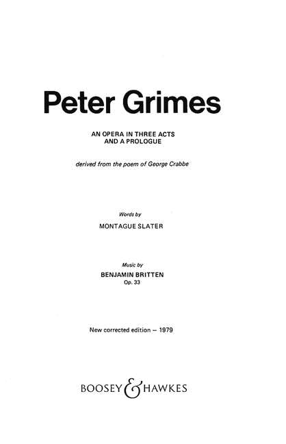 Peter Grimes: Opera in 3 acts and a prologue. op. 33. Livret. Sheet Music