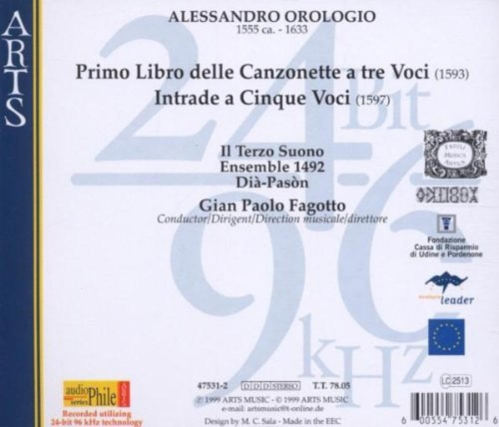 Audiophile Recording 24 Bit - 96 kHz Aufnahmetechnik - Alessandro Orologio (Primo Libro delle Canzonette / Intrade a cinque voci) Classical