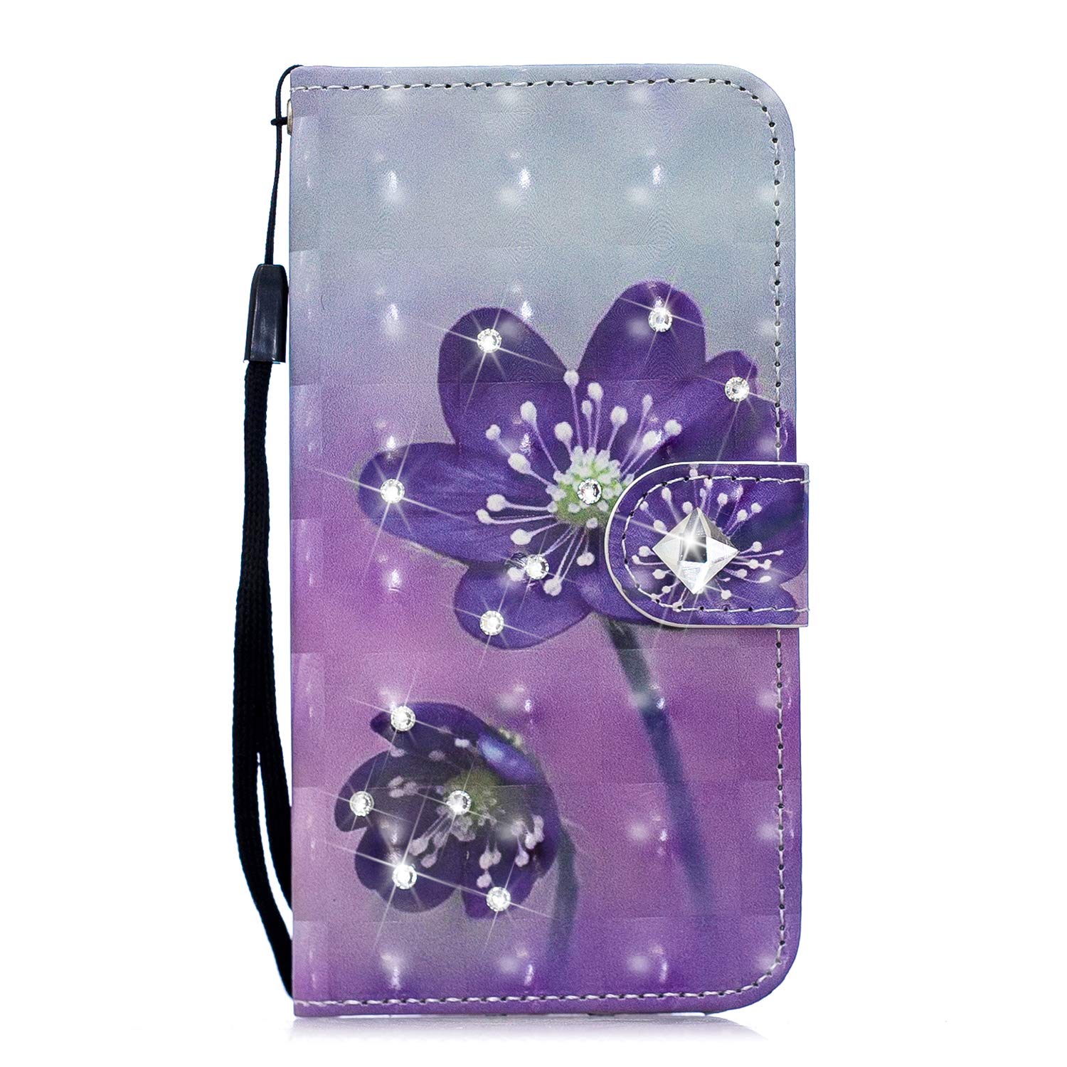 Leyoon Hülle kompatibel mit Huawei Mate 20 Lite,Exquisites Illustrationsmuster case,Klappgestell Multifunktion mit Kartenhalter Bling Bling Diamant Handyhülle,lila Blume cd