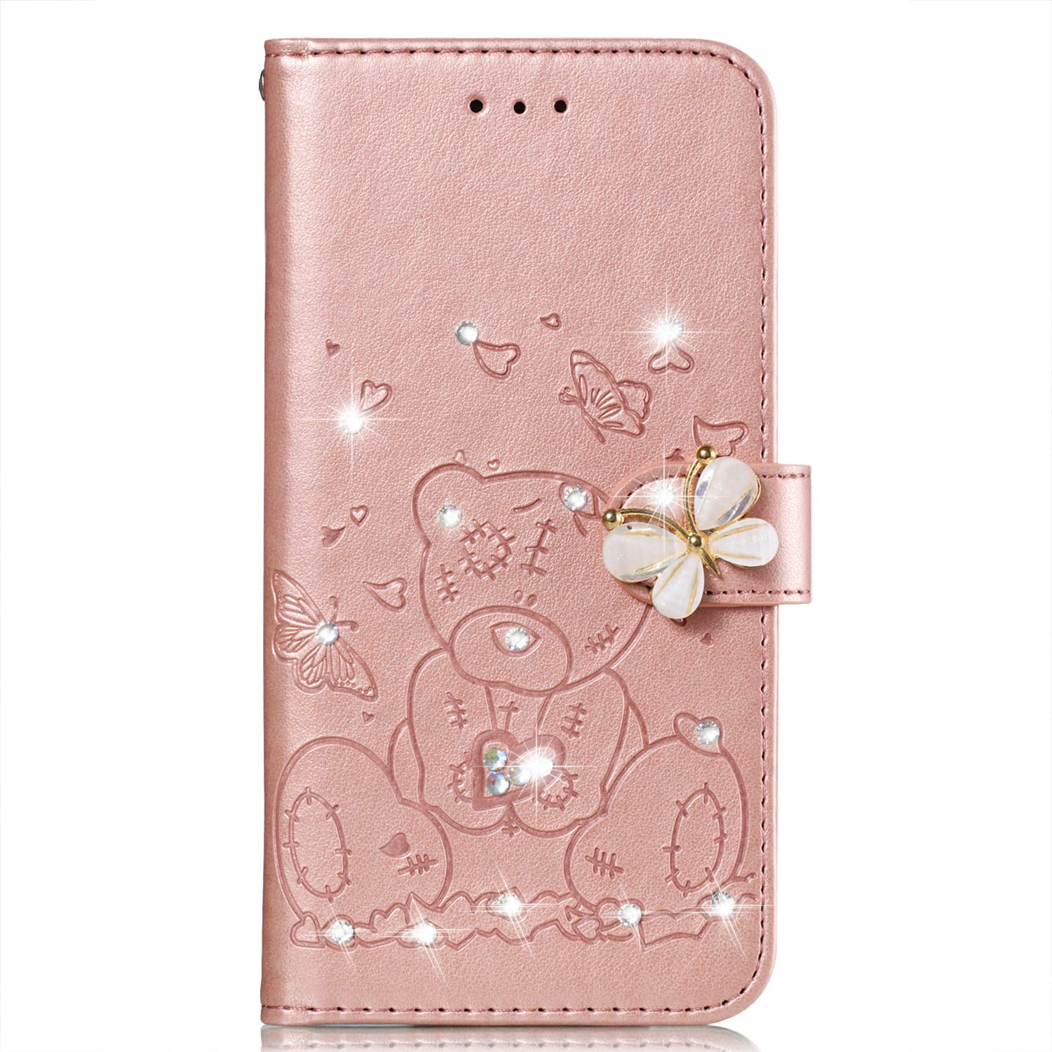 Leyoon Hulle kompatibel mit iphone XR,Diamant Bling Bling Diamant Cartoon Liebes Bar case,Handyhulle mit Stander und internem Kartenhalter,Rosegold cd