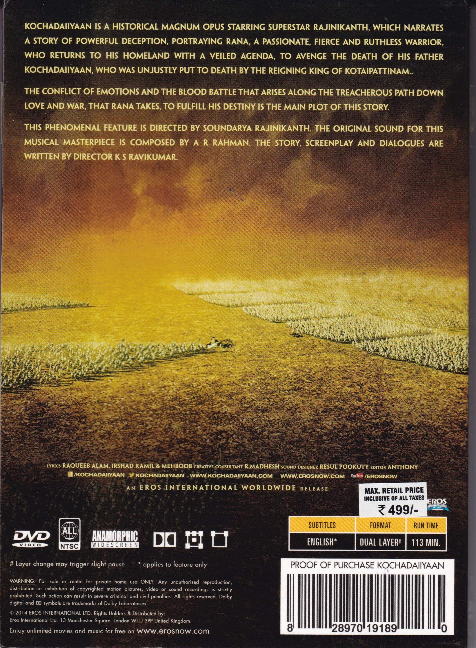 Kochadaiiyaan The Legend Hindi DVD (Rajnikanth,Deepika Padukone) (Bollywood/Hindi/Film/Indian/2014 Movie) Movies