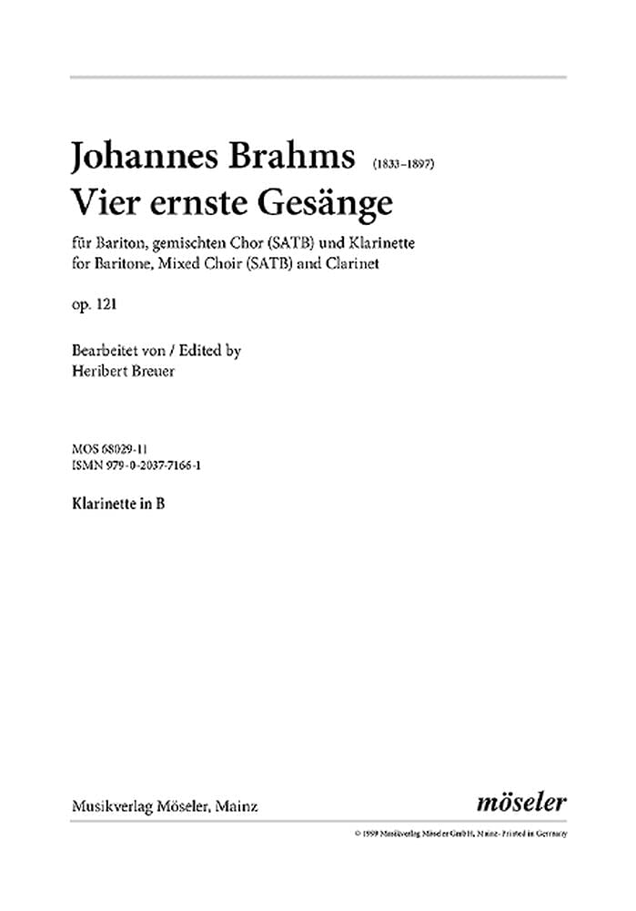 Vier ernste Gesänge: Bariton, gemischter Chor (SATB) und Klarinette. Klarinette. Sheet Music