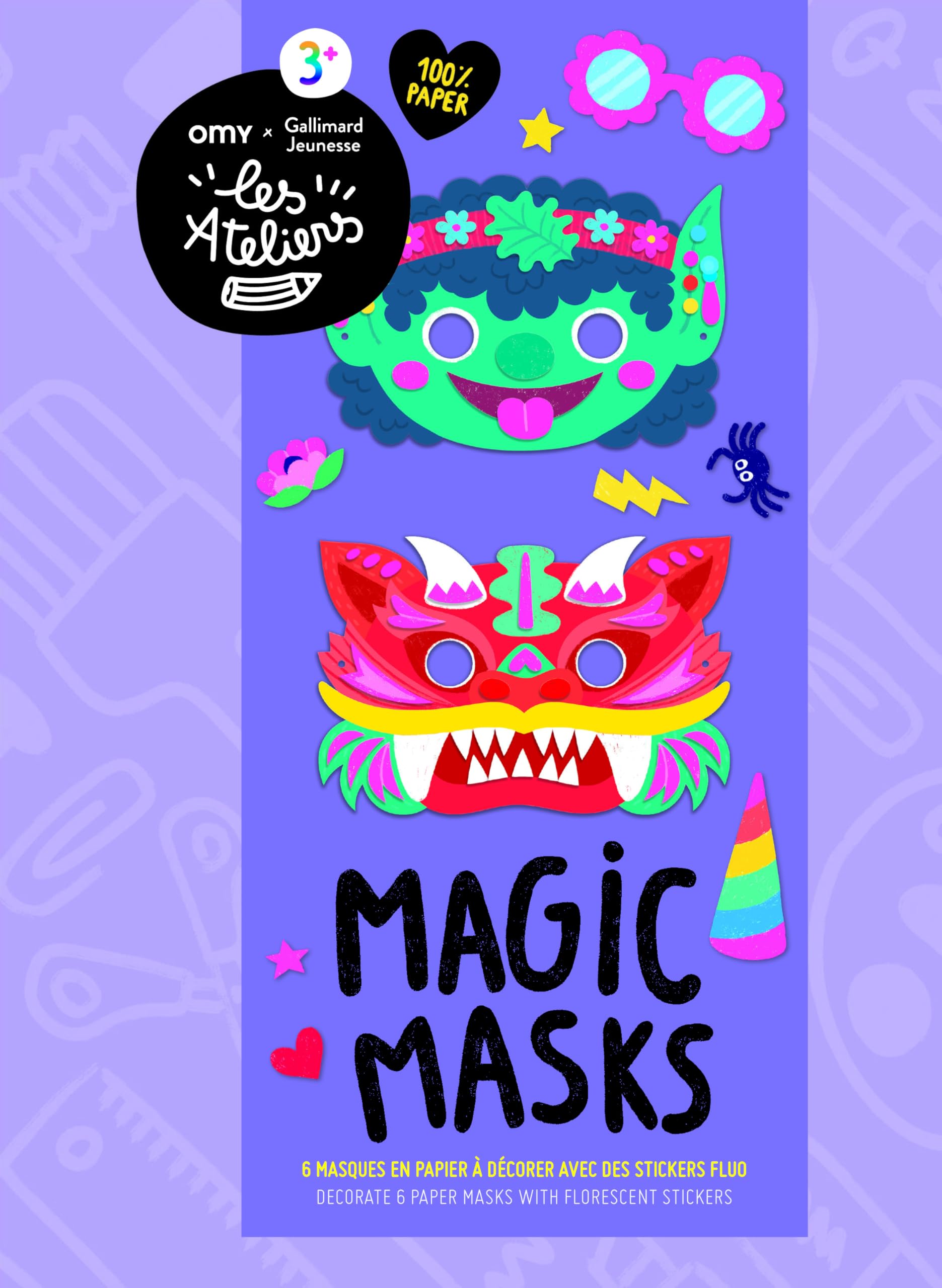 Magic masks - 6 masques en papier à décorer avec des stickers fluo - Les Ateliers OMY, Loisirs créatifs dès 3 ans Reference Books