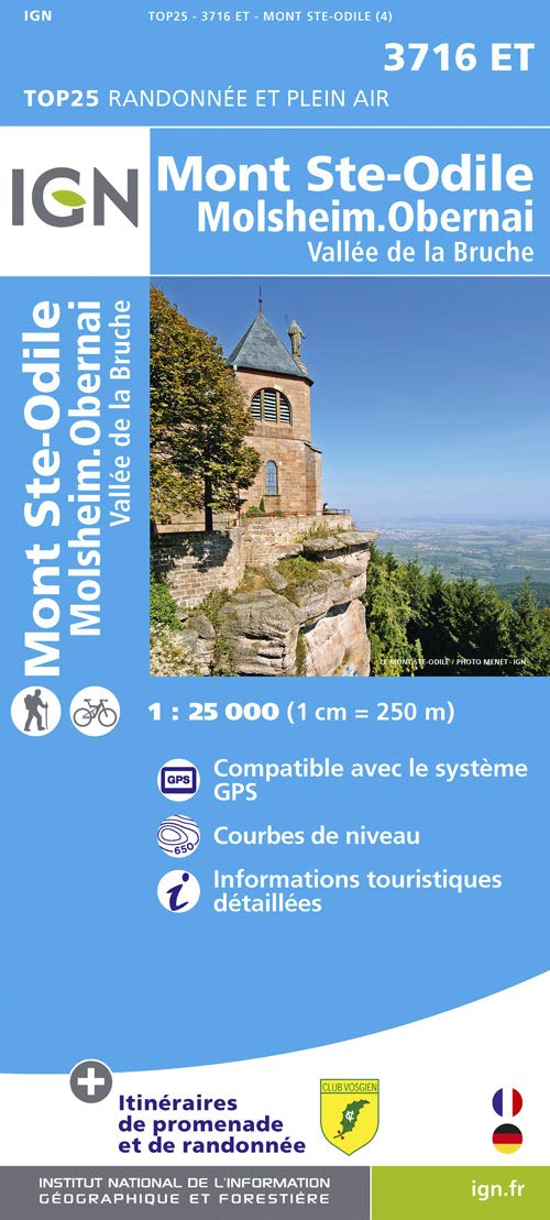 IGN Karte, Carte de randonnée (et plein air) Mont Ste-Odile: Molsheim, Obernai. Vallée de la Bruche. Courbes de niveau, informations touristiques detaillées. Compatible avec le système GPS Maps & Plans
