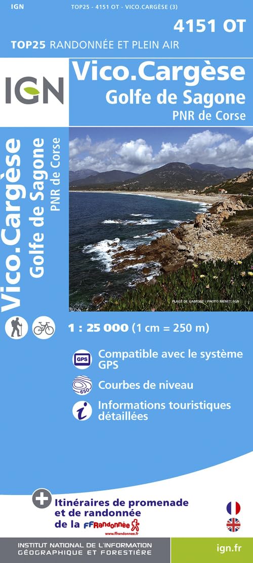 IGN Karte, Carte de randonnée (et plein air) Vico, Cargèse, Golfe de Sagone: PNR de Corse. Courbes de niveau, informations touristiques detaillées. Compatible avec le système GPS Maps & Plans