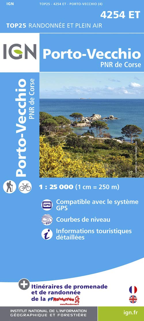 IGN Karte, Carte de randonnée (et plein air) Porto-Vecchio: PNR de Corse. Courbes de niveau, informations touristiques detaillées. Compatible avec le système GPS Maps & Plans