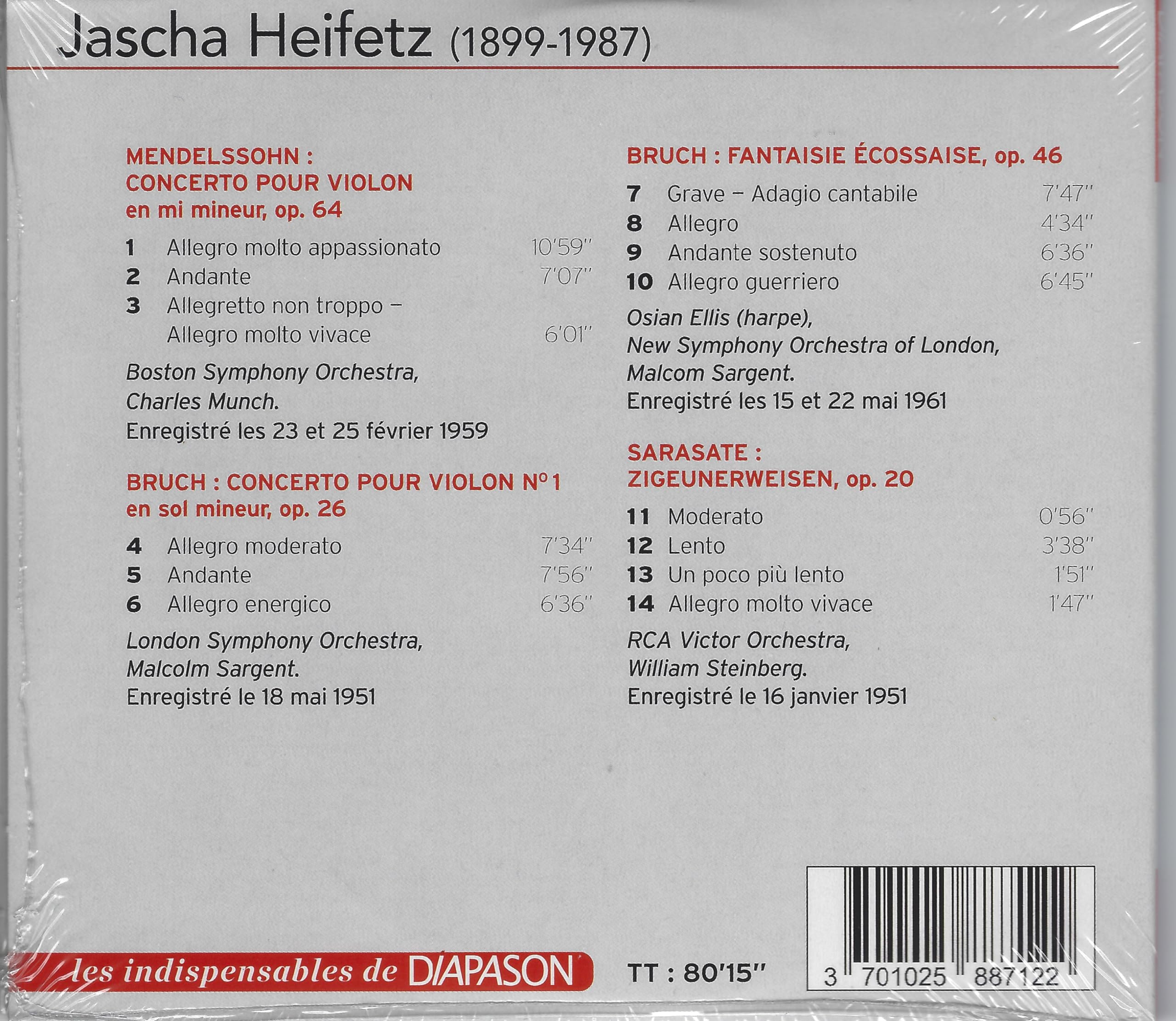 Jascha Heifetz Joue Mendelssohn Bruch et Sarasate cd