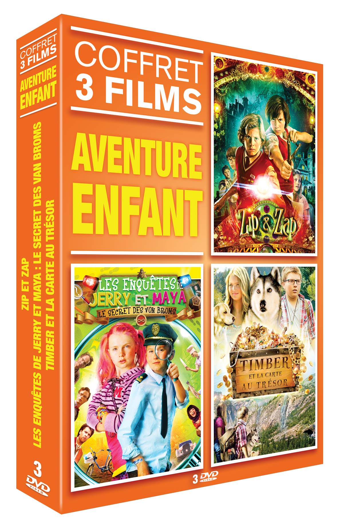 Coffret aventure enfant 3 films : zip et zap ; les enquêtes de jerry et maya ; timber et la carte au trésor dvd