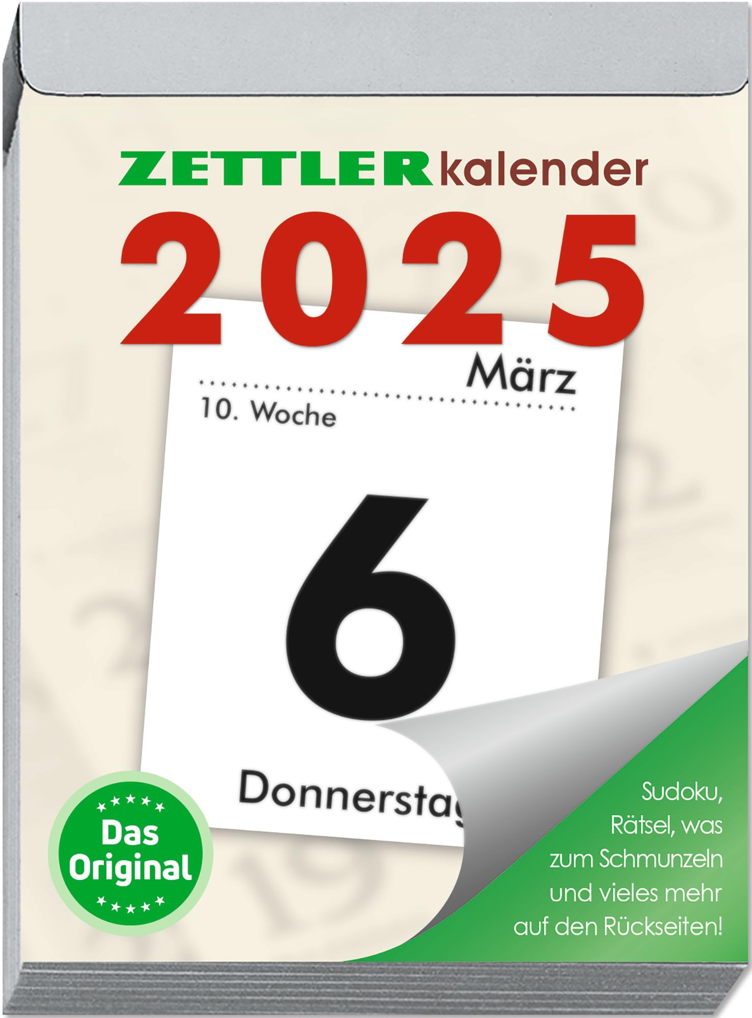 Zettler - Calendrier 2025 XL - 8,2 x 10,7 cm - Calendrier à détacher avec sudokus, recettes et énigmes, temps du soleil et de la lune, jours de nom, avec suspension et calendrier allemand book