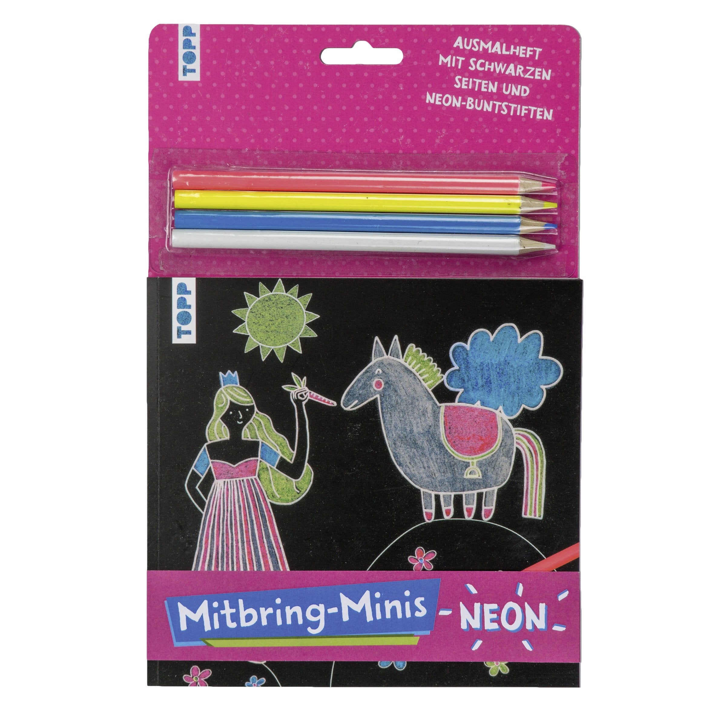 Mitbring-Minis Schwarzes Ausmalheft mit Neon-Buntstiften: Ausmalheft (16x17 cm) mit schwarzen Ausmalseiten und Neon-Buntstiften für zuhause und unterwegs Tiptoi & Games