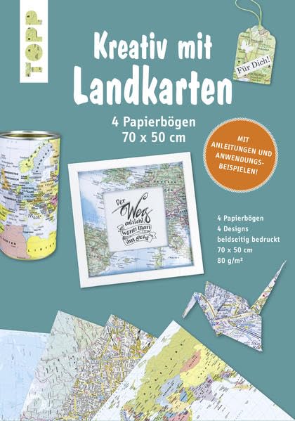 Kreativ mit Landkarten 4 Papierbögen 50 x 70 cm: Papierbögen im Landkartendesign mit Anleitungen Hobbies & Crafts