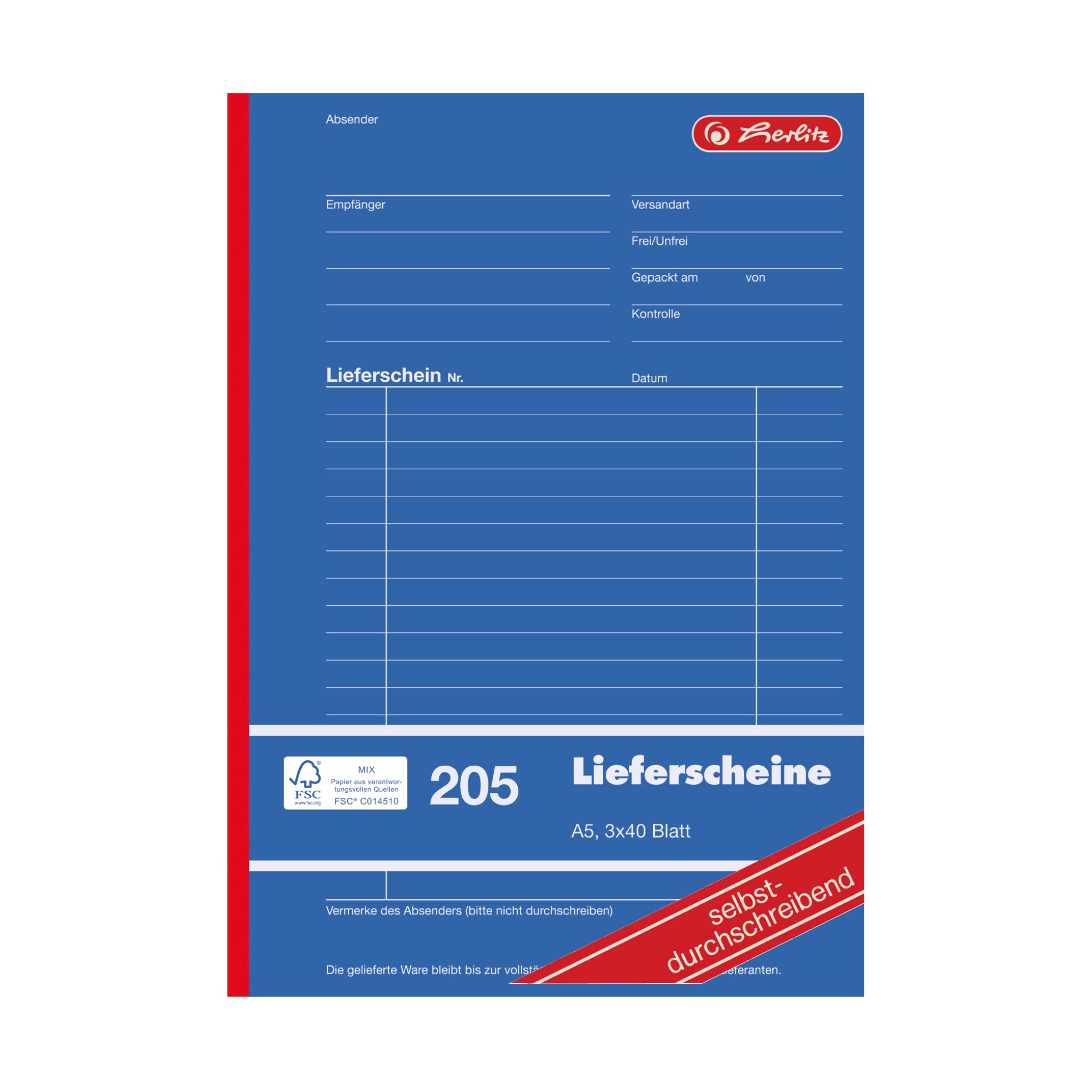 Herlitz 883546 Lieferscheinbuch A5, 3 x 40 Blatt, 205, selbstdurchschreibend 8er Pack Books