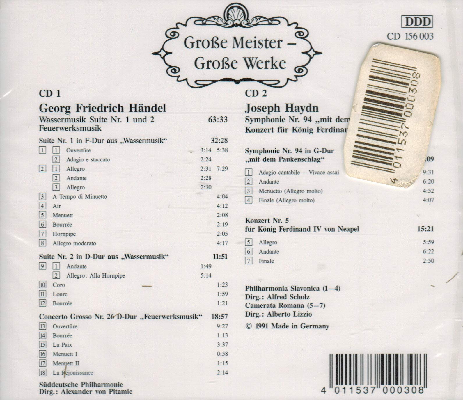 Große Meister - Große Werke/ G.F.Händel: Wassermusik 1+2,Feuerwerkmusik - J.Haydn: Symphonie mit dem Paukenschlag Nr.94. - Konzert Nr.5 für König Ferdinand IV von Neapel 2 CDs Music