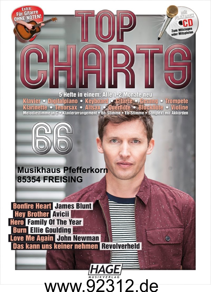 Top Charts 66 incl. James Blunt Bonfire Heart, Avicii Hey Brother, John Newman Love me again, Revolverheld, Ellie Goulding Burn, Family of the Year Music