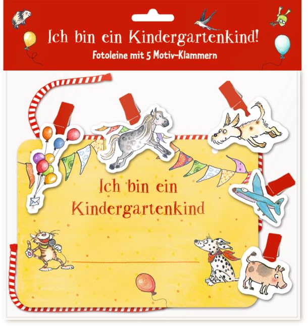 Fotoleine - Ich bin ein Kindergartenkind: Fotoleine mit 5 Motiv-Klammern und Karte zum Beschriften Hobbies & Crafts