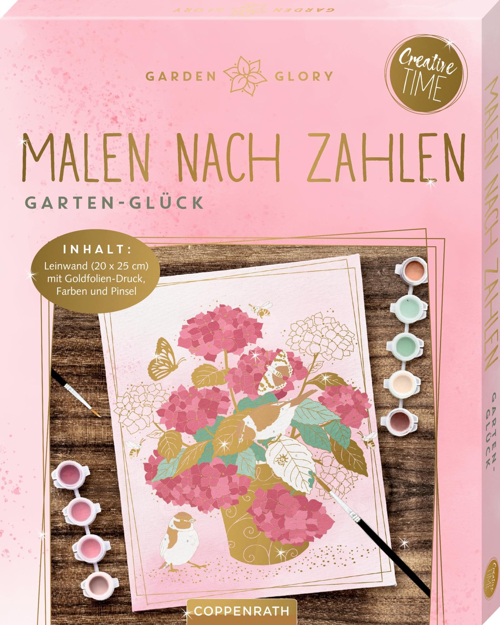 Malen nach Zahlen. Garten-Glück: Leinwand (20 x 25 cm) mit Goldfolien-Druck, Farben und Pinsel Hobbies & Crafts