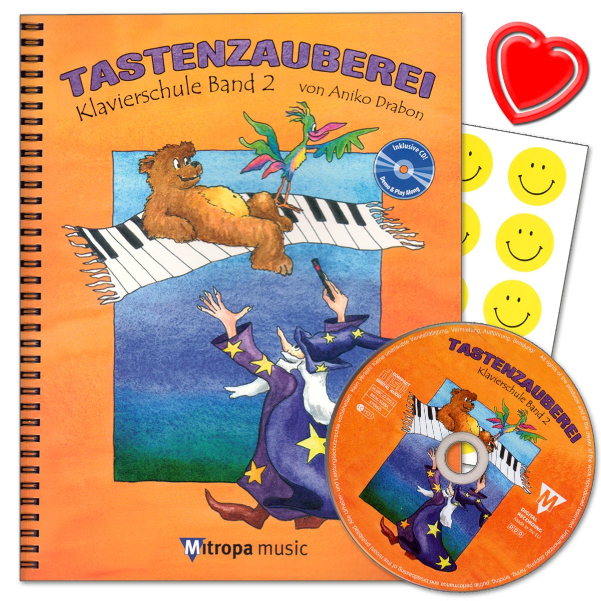 Mitropa Music Tastenzauberei Band 2 – Klavierschule von Aniko Drabon. Schule für Einzel- und Gruppenunterricht in Deutsch. CD zum Üben und Spielen, 7 lustige Smiley-Aufkleber, Musikclip cd