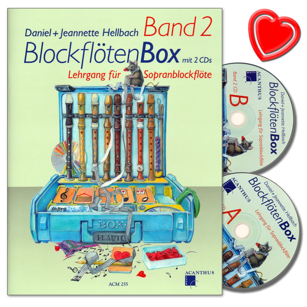 Acanthus Music Daniel Hellbach Blockflötenbox Band 2 – Unterrichtsunterstufe 7–8 Jahre für Sopranblockflöte mit 2 CDs mit bunter herzförmiger Notenklammer cd