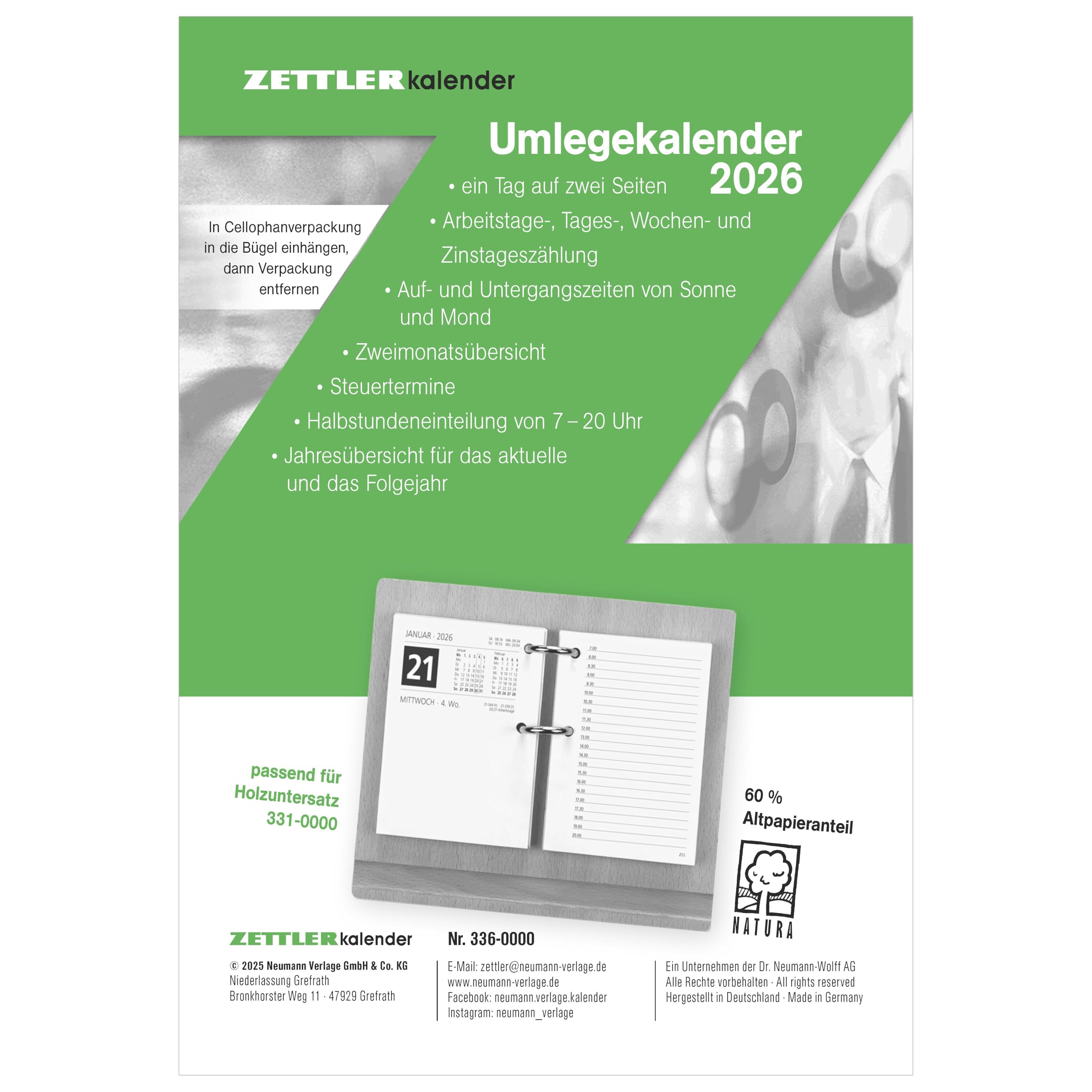 Umleg-Kalender 2026 - 8x10,8 cm - 1 Tag auf 2 Seiten - zum Einheften - Bürokalender mit 2-fach Lochung - Stundeneinteilung von 7 - 20 Uhr - 336-0000 Leisure, Home & Garden