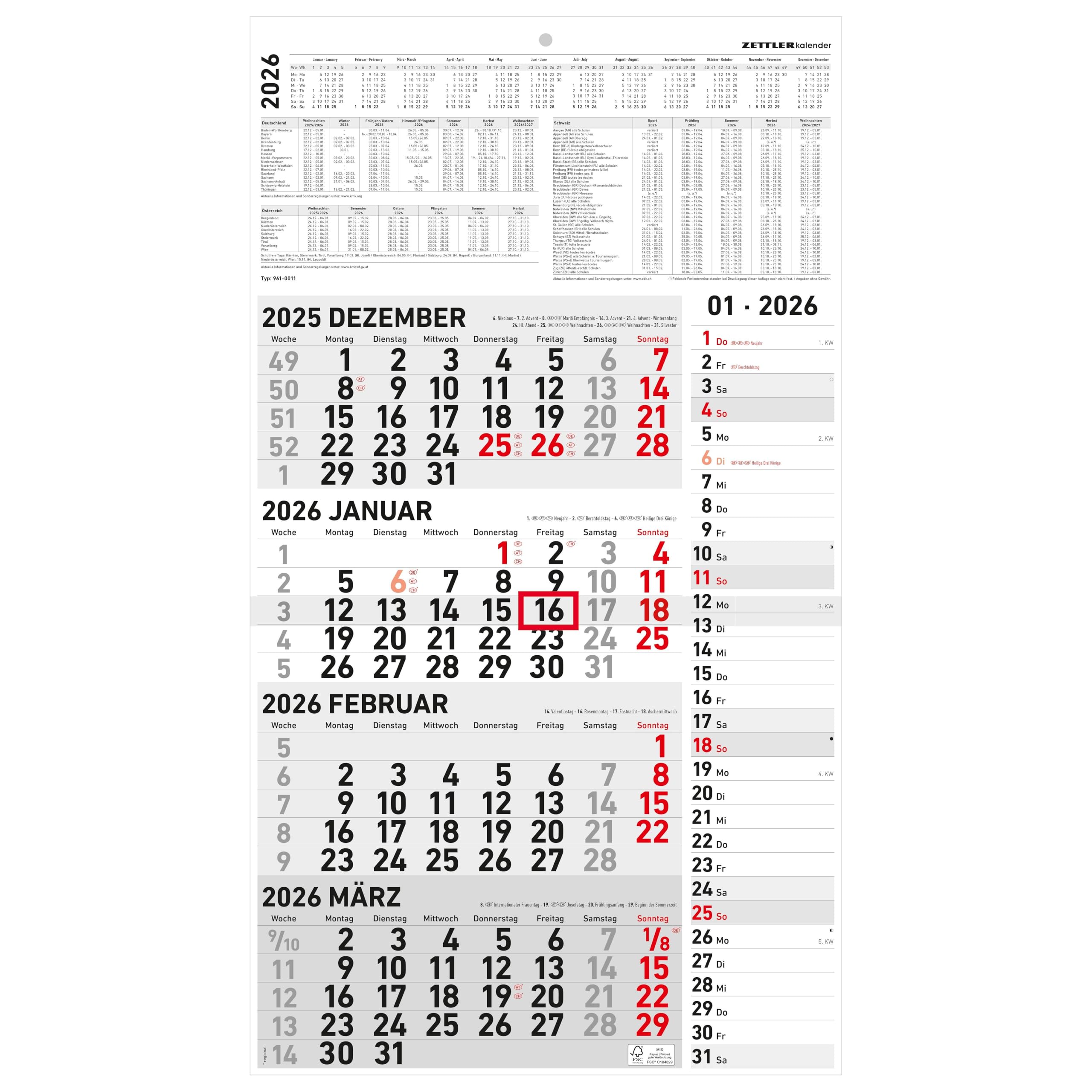 4-Monatskalender Kombi 2026 - Büro-Kalender 33x45 cm (geöffnet) - mit Datumsschieber - Zettler - 961-0011 Leisure, Home & Garden