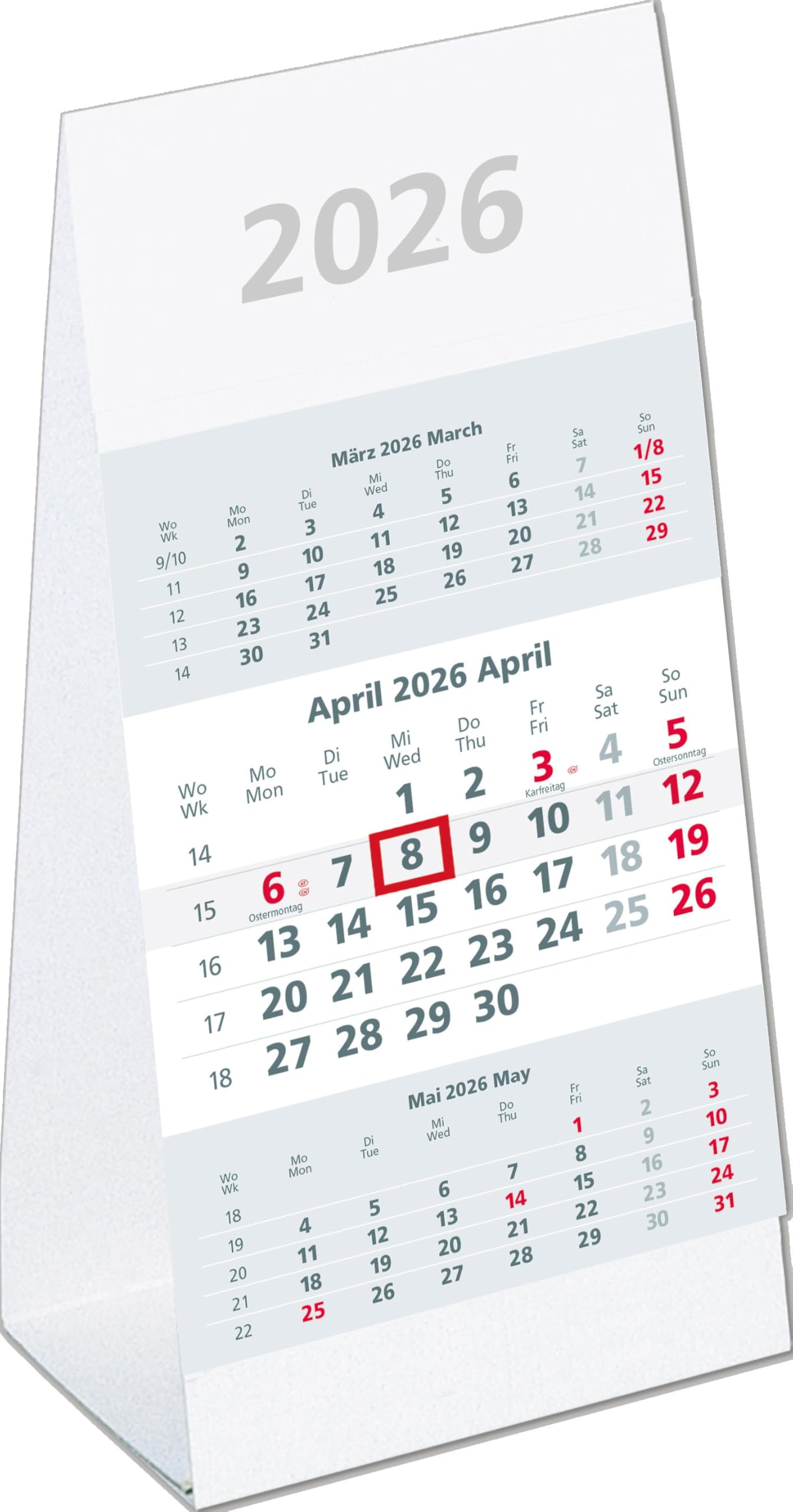 3-Monats-Aufstellkalender 2026 - 10,5x14,5 cm - 3 Monate auf 1 Seite - mit Kopftafel und Datumsschieber - Mehrmonatskalender - 980-0000 Leisure, Home & Garden