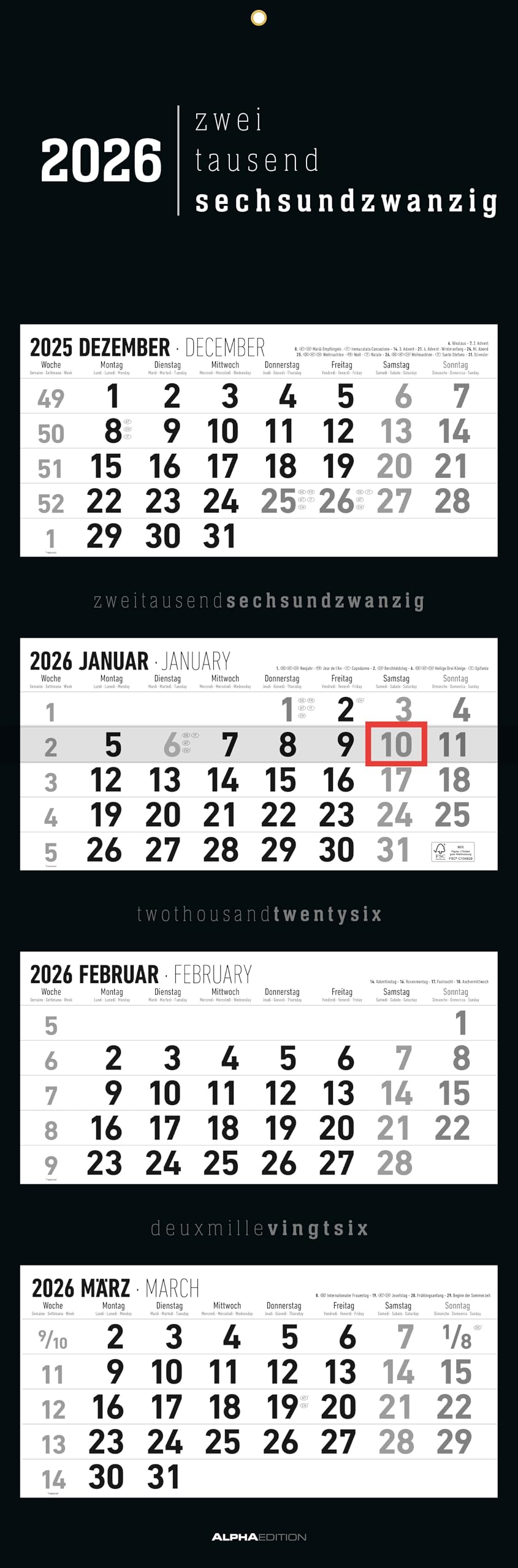 4-Monatskalender Black 2026 - Büro-Kalender 33x20 cm (geschlossen), 33x100 (geöffnet) - faltbar - mit Datumsschieber - Alpha Edition Leisure, Home & Garden