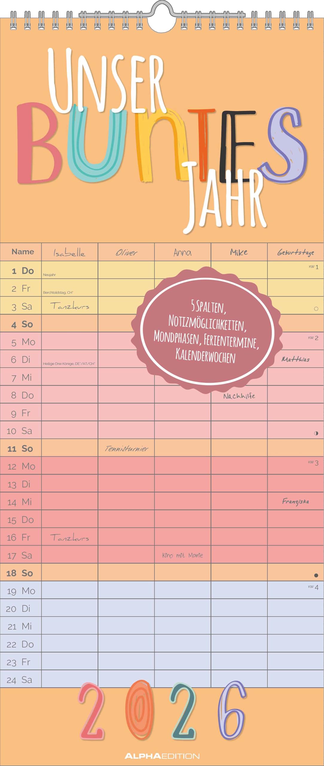 Unser buntes Jahr 2026 Familienplaner - Terminkalender - Familienkalender - 19,5x45 book