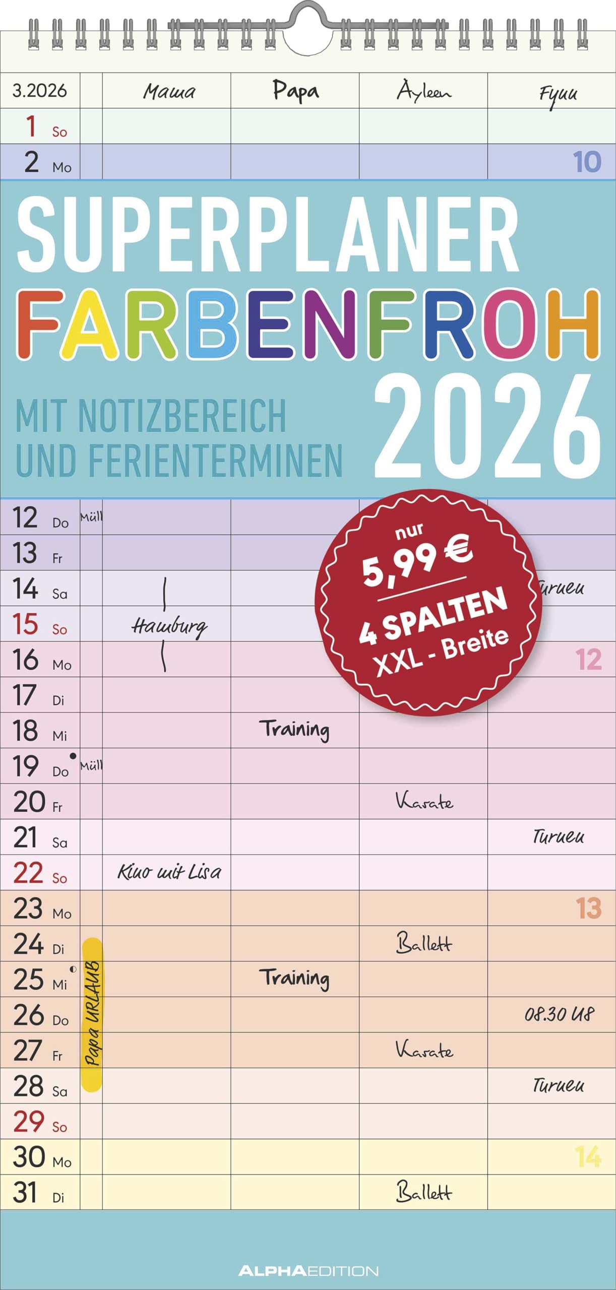 Superplaner Farbenfroh 2026 mit 4 Spalten - Familien-Timer 22x45 cm - Offset-Papier - mit Ferienterminen - Wand-Planer - Familienkalender - Alpha Edition Leisure, Home & Garden