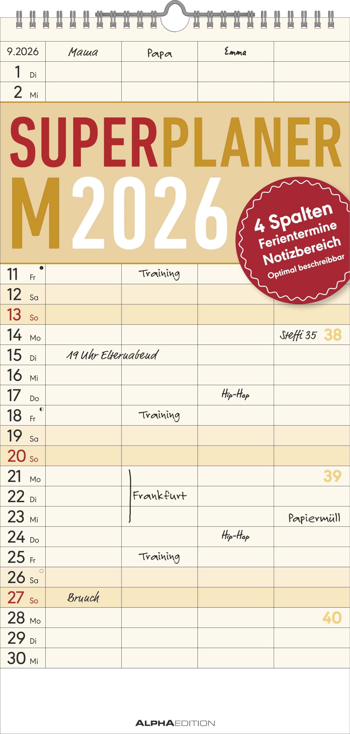 Superplaner M 2026 4 Spalten - Familien-Timer 22x45 cm - Offset-Papier - mit Ferienterminen - Wand-Planer - Familienkalender - Alpha Edition Hobbies & Crafts