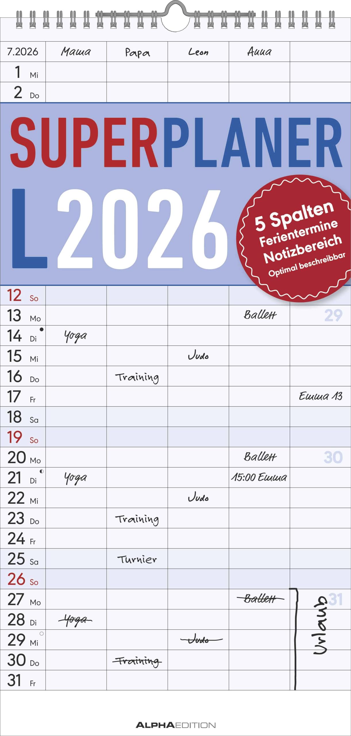 Superplaner L 2026 5 Spalten - Familien-Timer 22x45 cm - Offset-Papier - mit Ferienterminen - Wand-Planer - Familienkalender - Alpha Edition Hobbies & Crafts