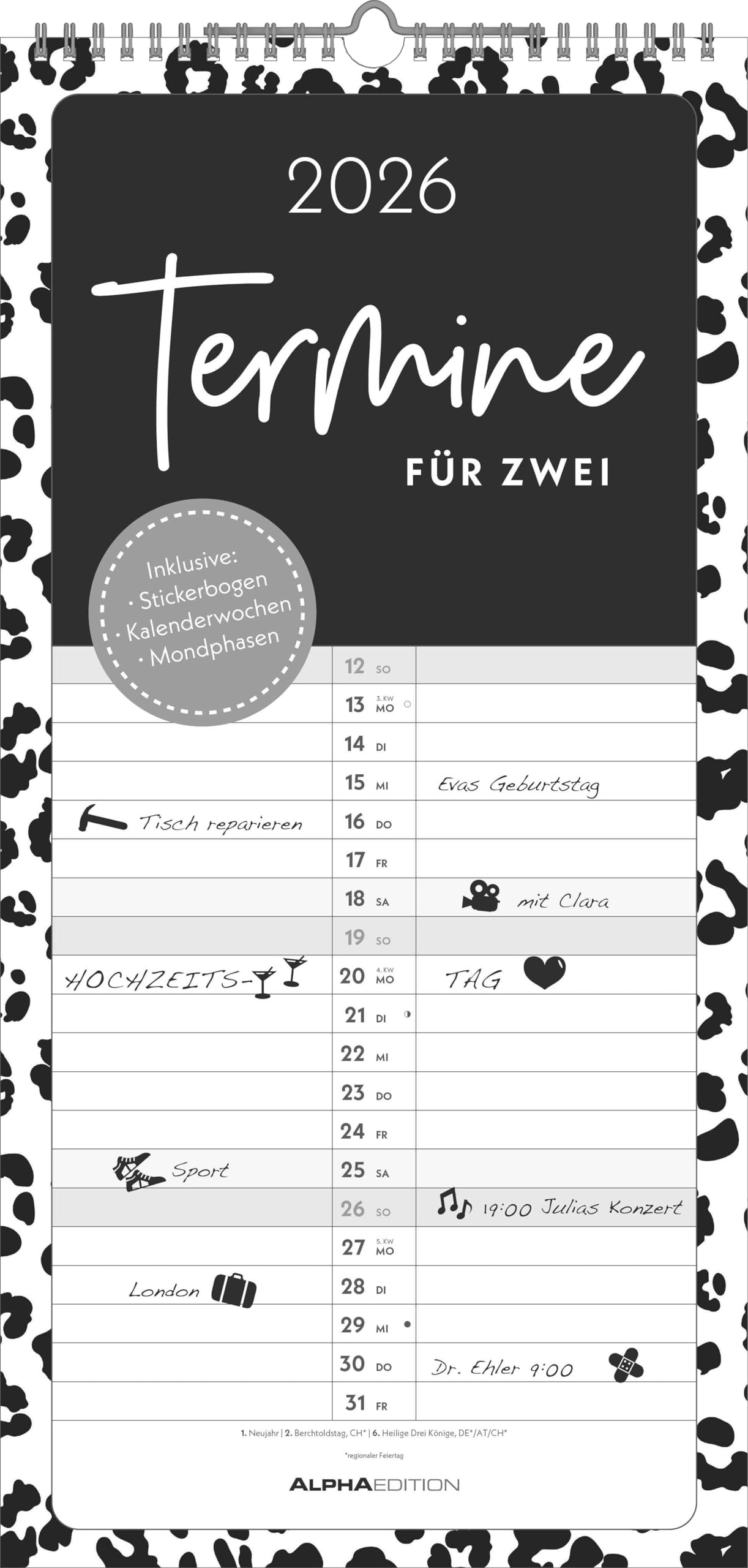 Termine für 2 Black and White 2026 Familienplaner - Timer - Termin-Planer - Couple-Kalender - Familien-Kalender - 22x45 Film, Art & Culture