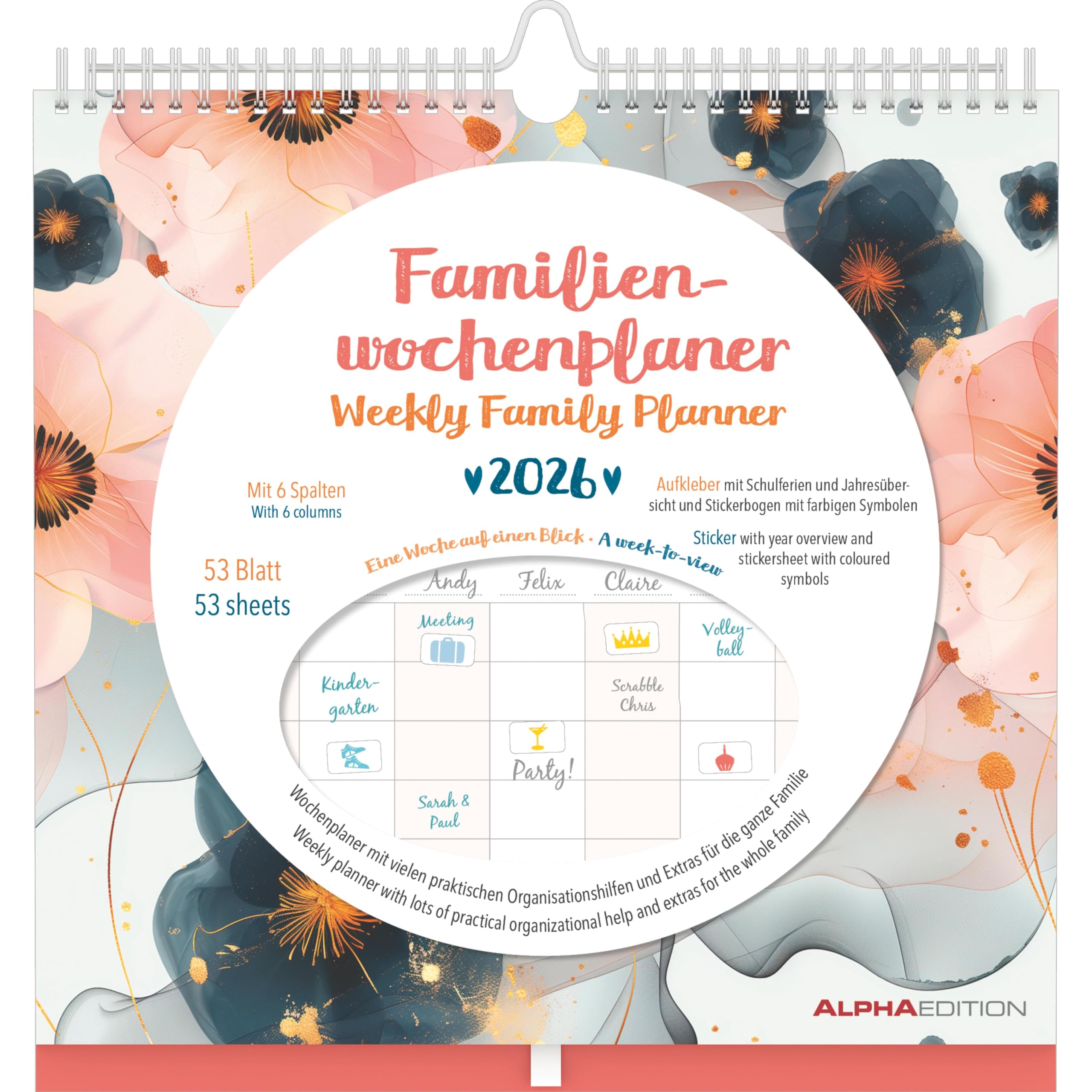 Familien Wochenkalender Flowers 2026 - Familien-Timer - Termin-Planer - Kinder-Kalender - Familien-Kalender - 30,5x30,5 Leisure, Home & Garden