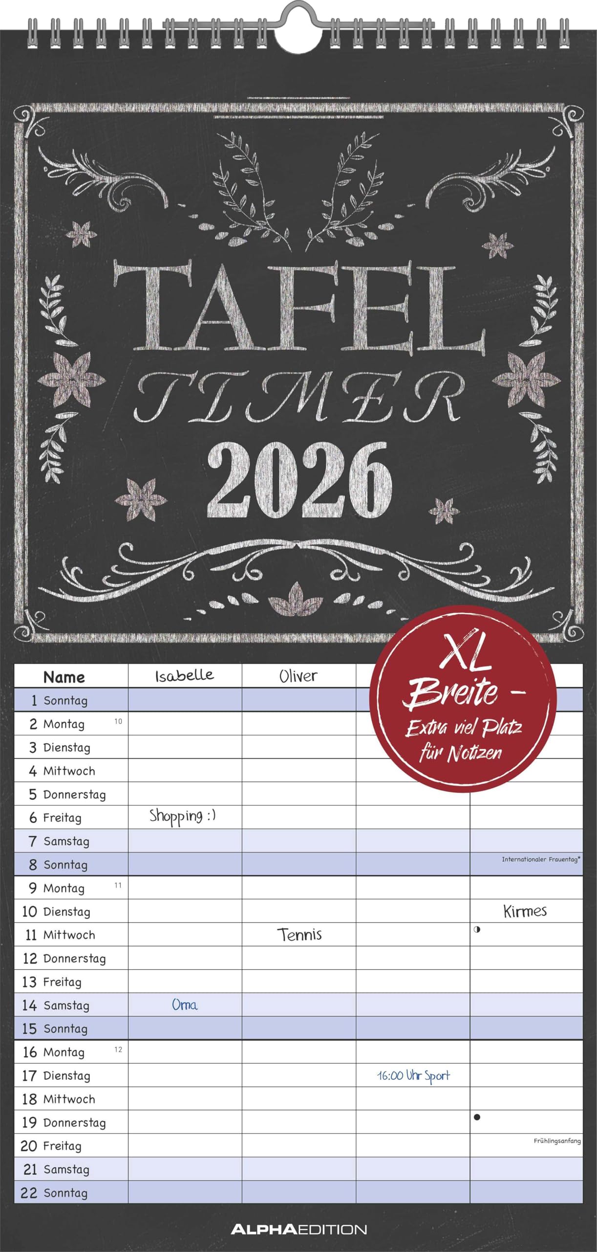 Tafel Timer Familienplaner 2026 - Familienkalender 22x45 cm - 4 Spalten - Kalender mit Ferienterminen und vielen Zusatzinformationen - Wandkalender Leisure, Home & Garden