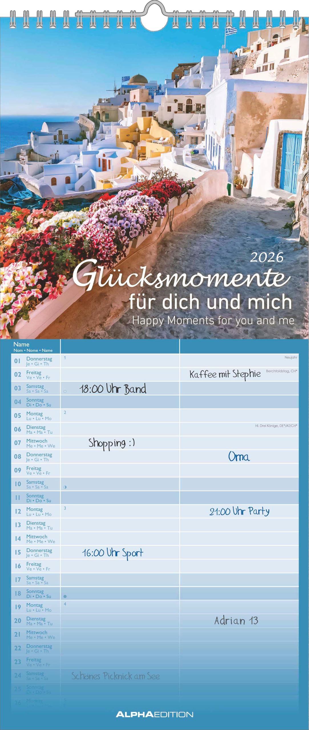 Glücksmomente für dich und mich 2026 - Familien-Timer 19,5x45 cm - 2 Spalten - Wand-Planer - viel Platz für Eintragungen - Familienkalender - Alpha Edition Leisure, Home & Garden