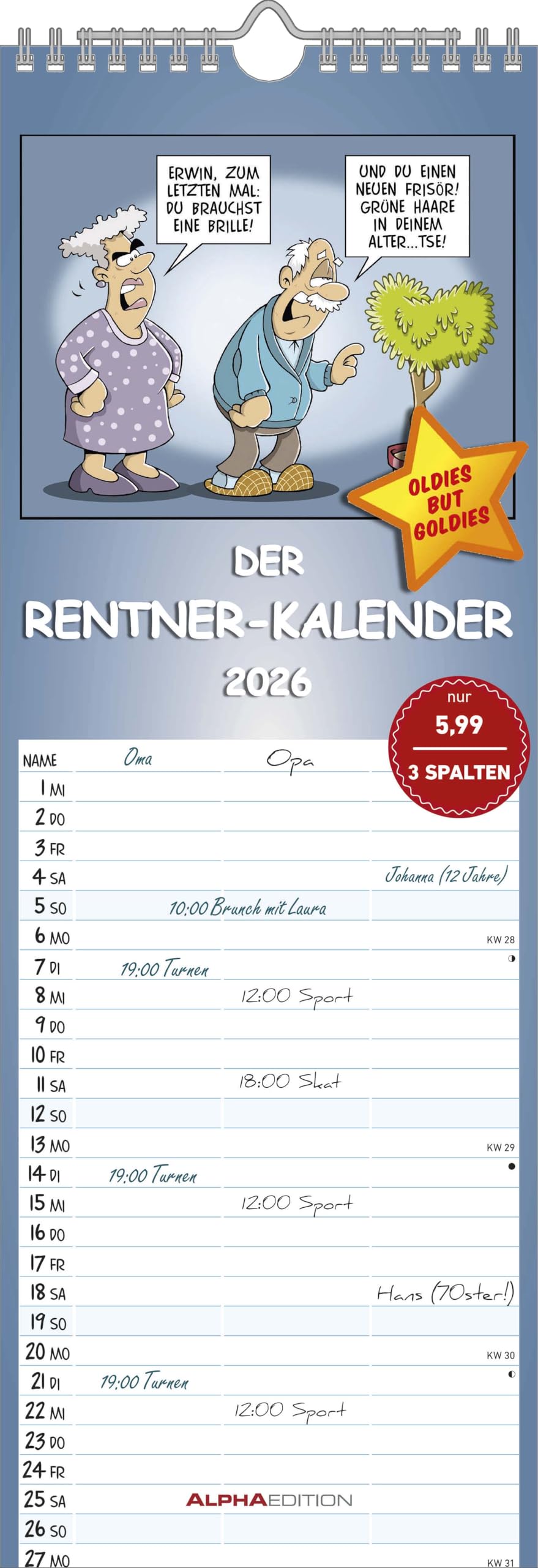 Rentnerkalender 2026 Streifenkalender, 15x42cm, Kalender mit 3 Spalten für Termine, 100 jährigem Kalender, Ferienterminen DE/AT/CH, mit Pollenflugkalender und deutschem Kalendarium - Alpha Edition Leisure, Home & Garden