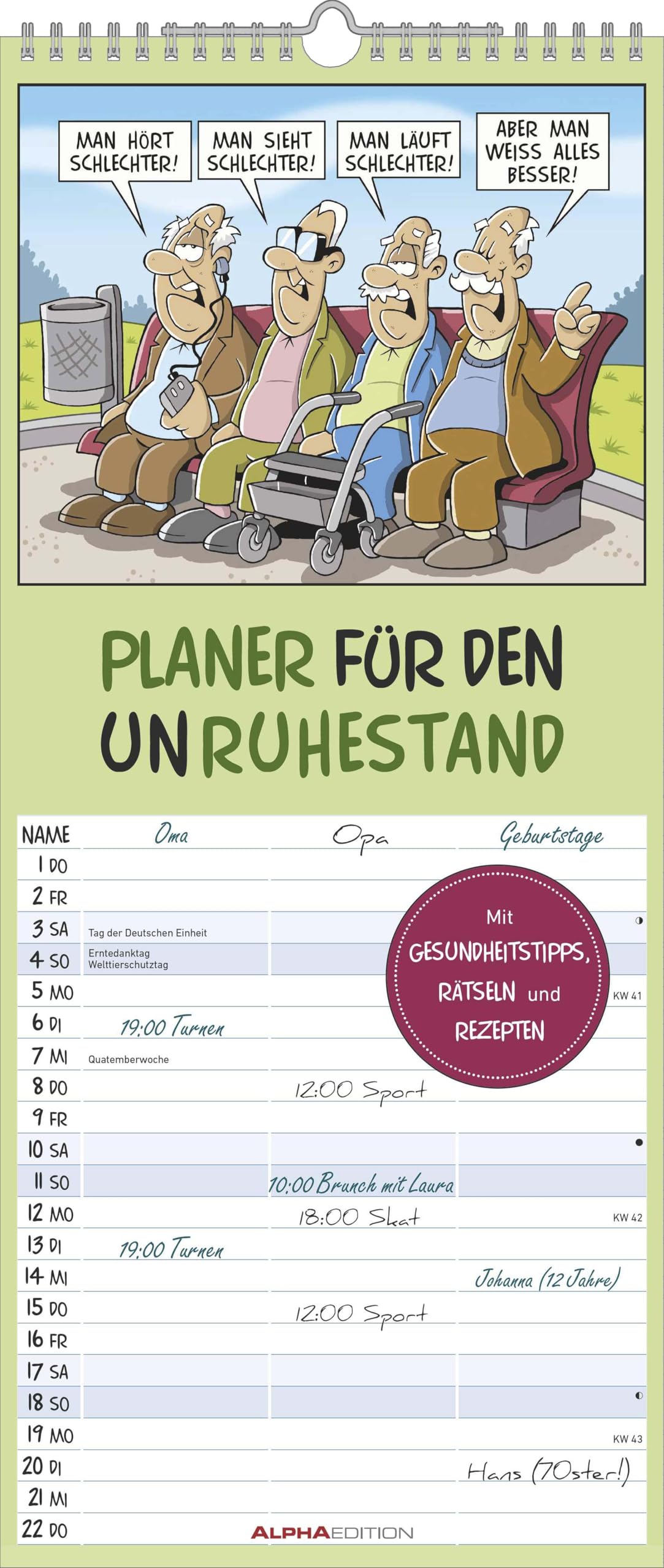 Planer für den Unruhestand 2026 - Familien-Planer 19,5x45 cm - mit lustigen Cartoons - Humor-Kalender - Wandplaner - Alpha Edition Leisure, Home & Garden