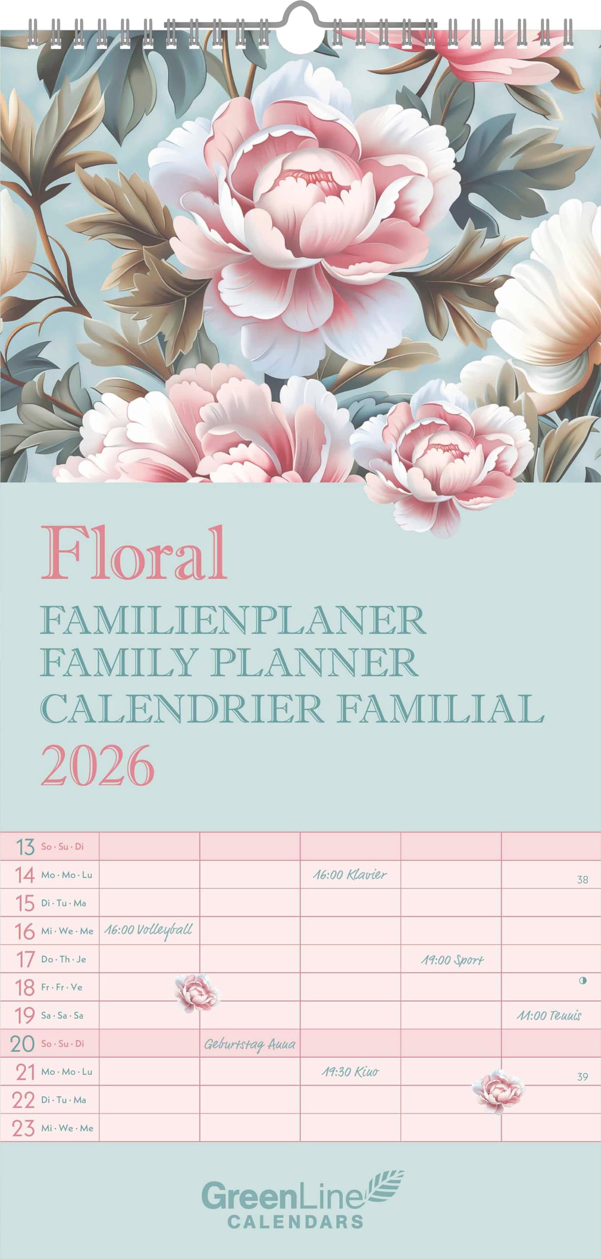 GreenLine Floral 2026 Familienplaner - Familien-Kalender - Kinder-Kalender - 22x45 book