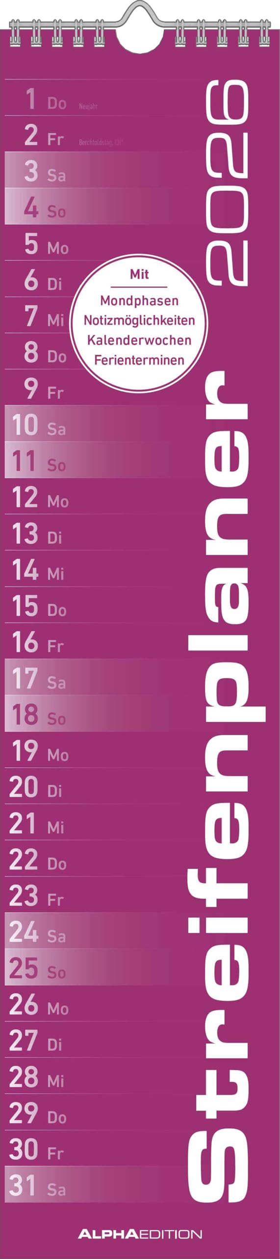 Streifenplaner PINK 2026 - Streifenkalender - Wandplaner - Küchen-Kalender - 11,3x49,5 Business, Finance & Career