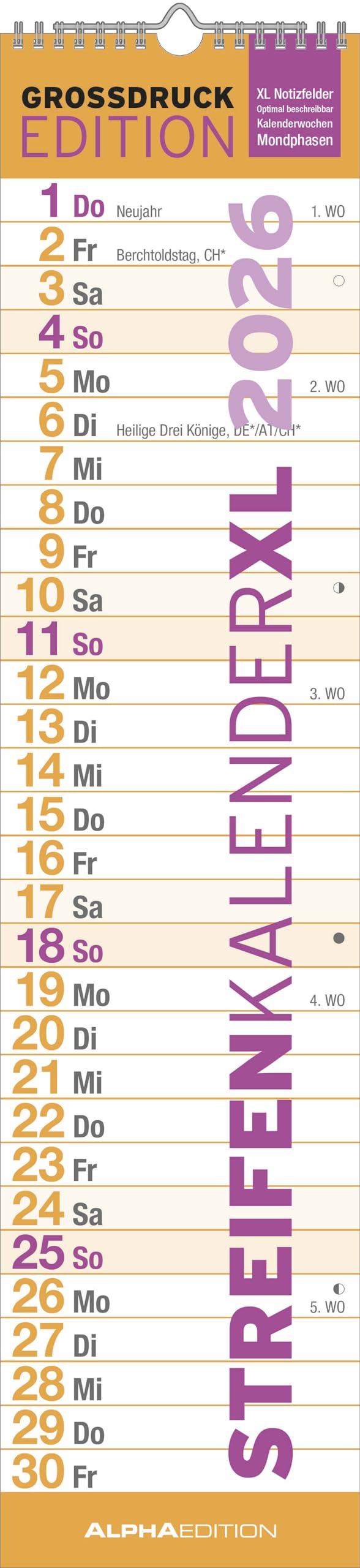 GROSSDRUCK Streifenplaner XL 2026 - Streifenkalender - Wandplaner - Küchen-Kalender - 15x64 Business, Finance & Career