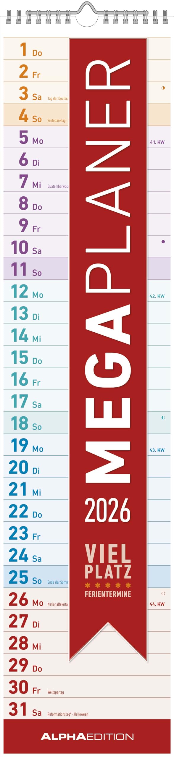 Megaplaner 2026 - Streifen-Kalender 15x64 cm - mit Ferienterminen - viel Platz für Notizen - Wandplaner - Küchenkalender - Alpha Edition Leisure, Home & Garden