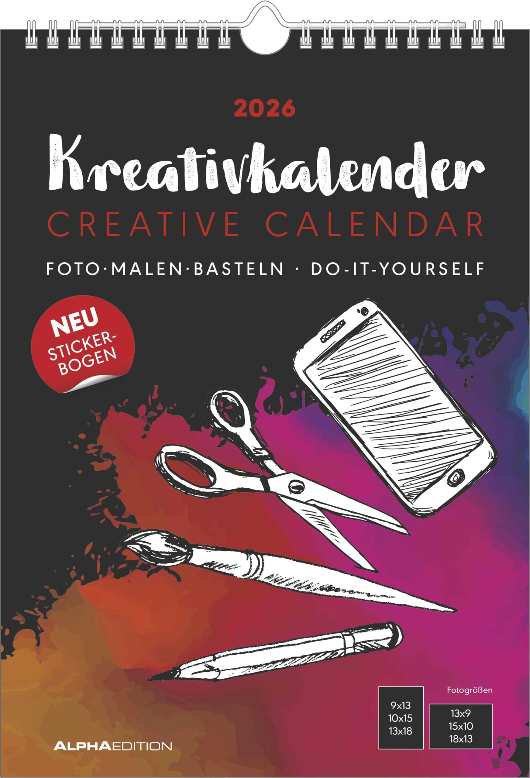 Kreativ-Kalender A4 schwarz 2026 - 21 x 29,7 - Foto, Malen, Basteln - datiert - Kreativkalender - Foto-Kalender - Alpha Edition: Do it yourself calendar Hobbies & Crafts