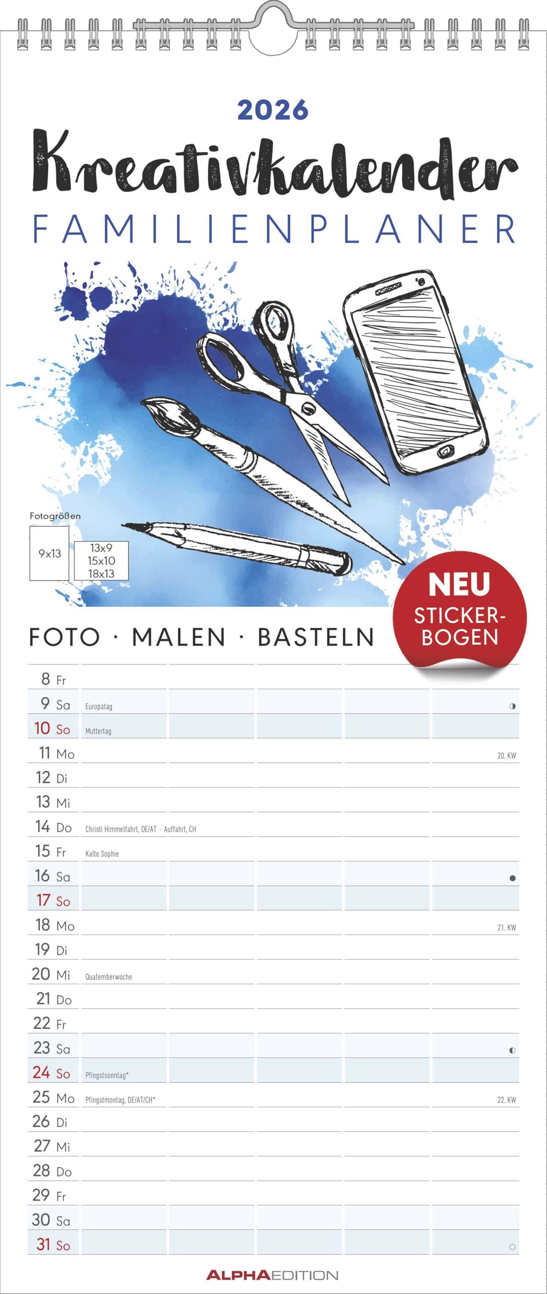 Kreativ-Kalender Familienplaner 2026 - 5 Spalten - 19,5x45 cmFoto, Malen, Basteln - datiert - Kreativkalender - Foto-Kalender - Familienkalender - ... - Alpha Edition: Do it yourself familyplanner Hobbies & Crafts