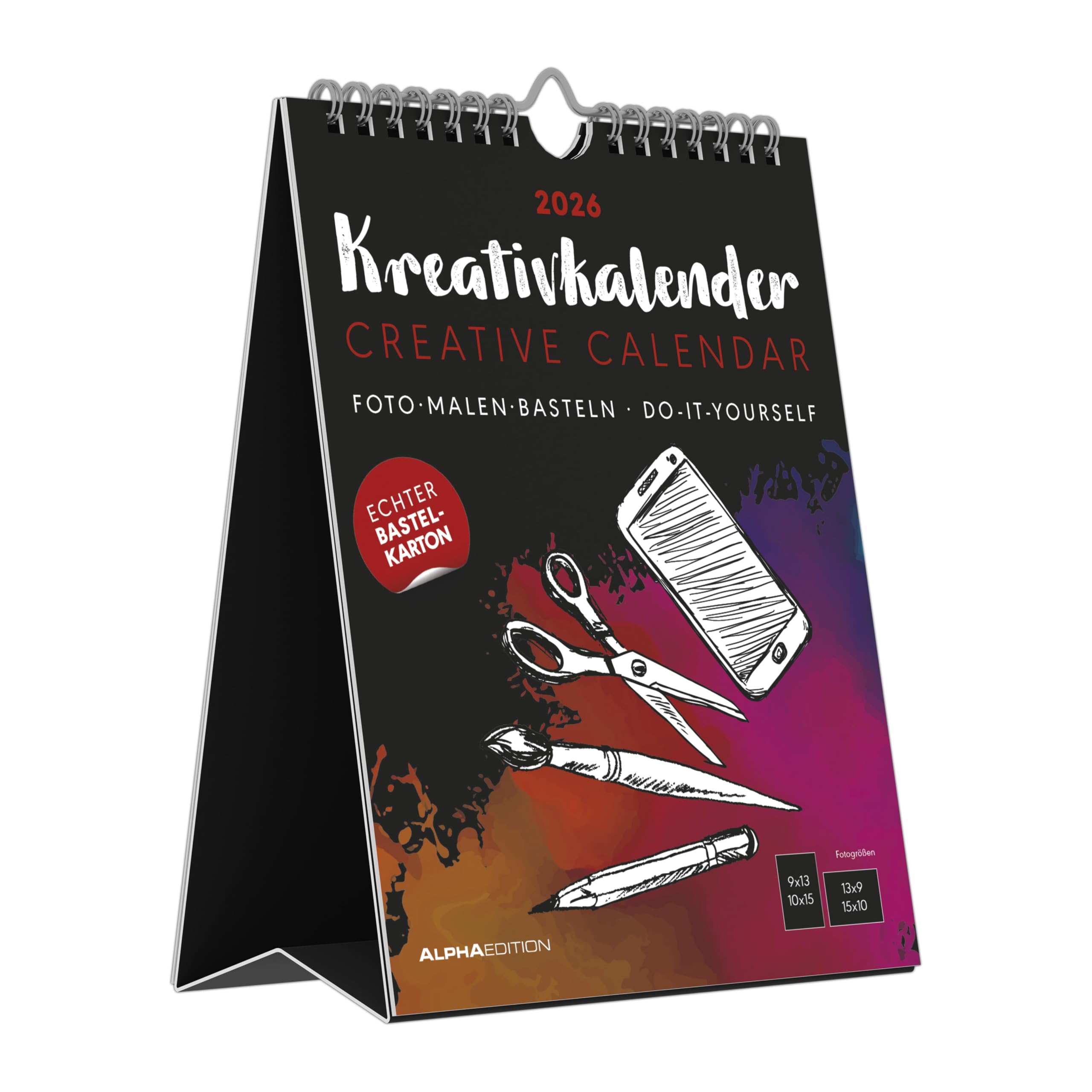 Kreativ-Kalender Tischaufsteller hoch schwarz 2026 - 16 x 20 - Foto, Malen, Basteln A4 - datiert - Kreativkalender - Foto-Kalender - Alpha Edition: Bastelpapier schwarz Hobbies & Crafts