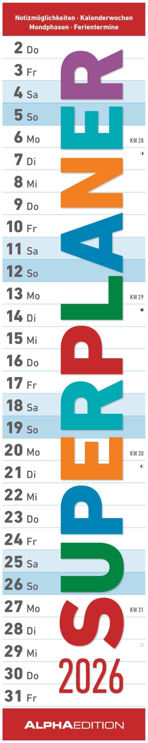 Superplaner 2026 - Streifenkalender 17x85 cm - mit Ringbindung - viel Platz für Notizen - Langplaner - Wandkalender - Küchenkalender - Alpha Edition Leisure, Home & Garden