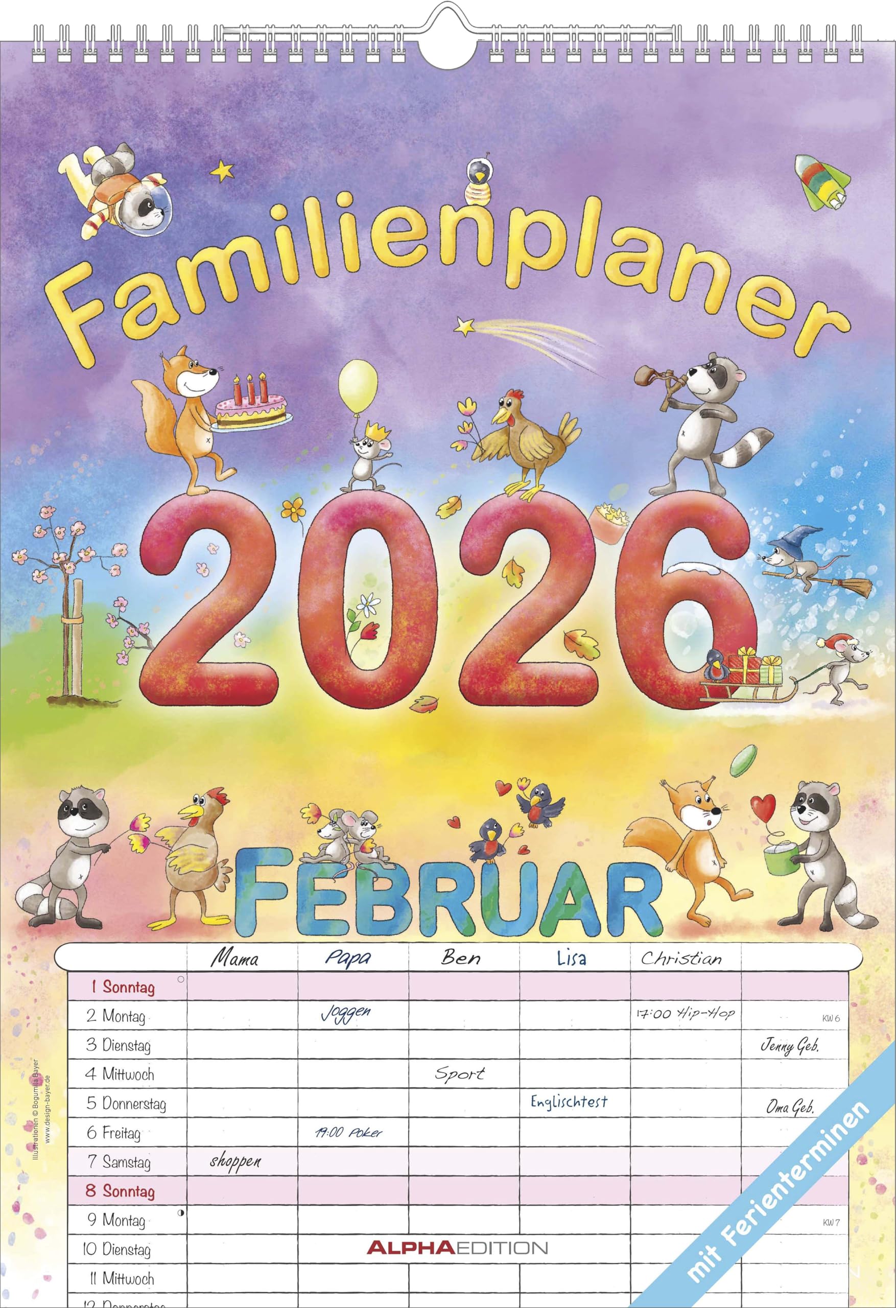 Familienplaner Cartoon 2026 - Familienkalender A3 (29,7x42 cm) - mit 6 Spalten, Ferienterminen (DE/AT/CH) und viel Platz für Notizen - Wandkalender: by Silke Leskien Parents & Children