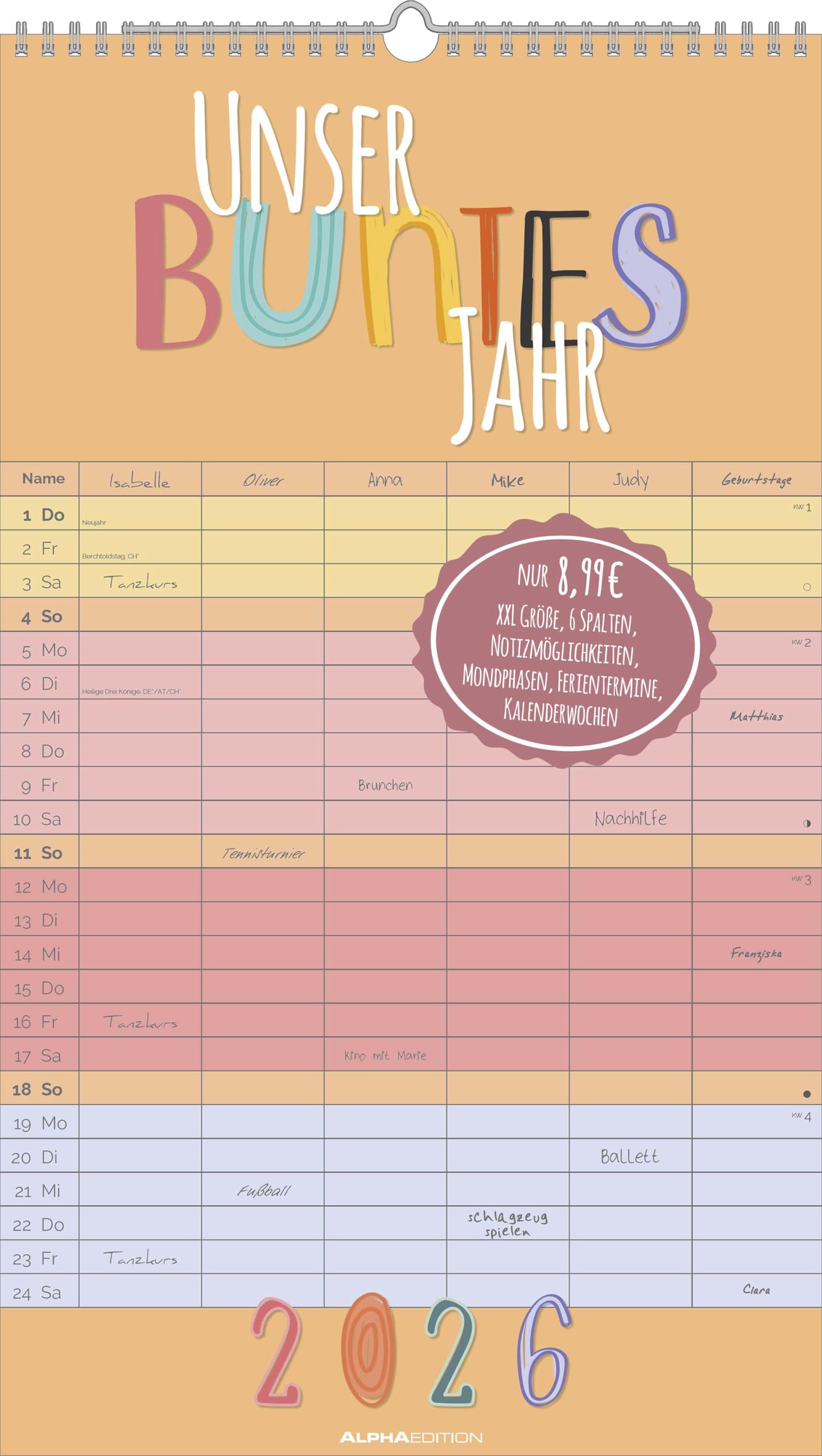 Unser buntes Jahr 2026 Familienplaner - Familien-Timer 26x45 cm - Offset-Papier - mit Ferienterminen - Wand-Planer - Familienkalender - Alpha Edition Business, Finance & Career