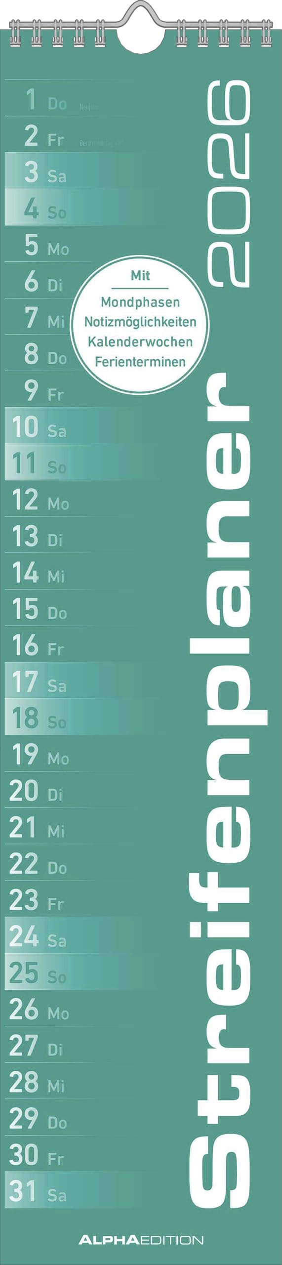 Streifenplaner Mini Mint 2026 - Streifen-Kalender 9,5x33 cm - Küchenkalender - Wandplaner - Alpha Edition Leisure, Home & Garden