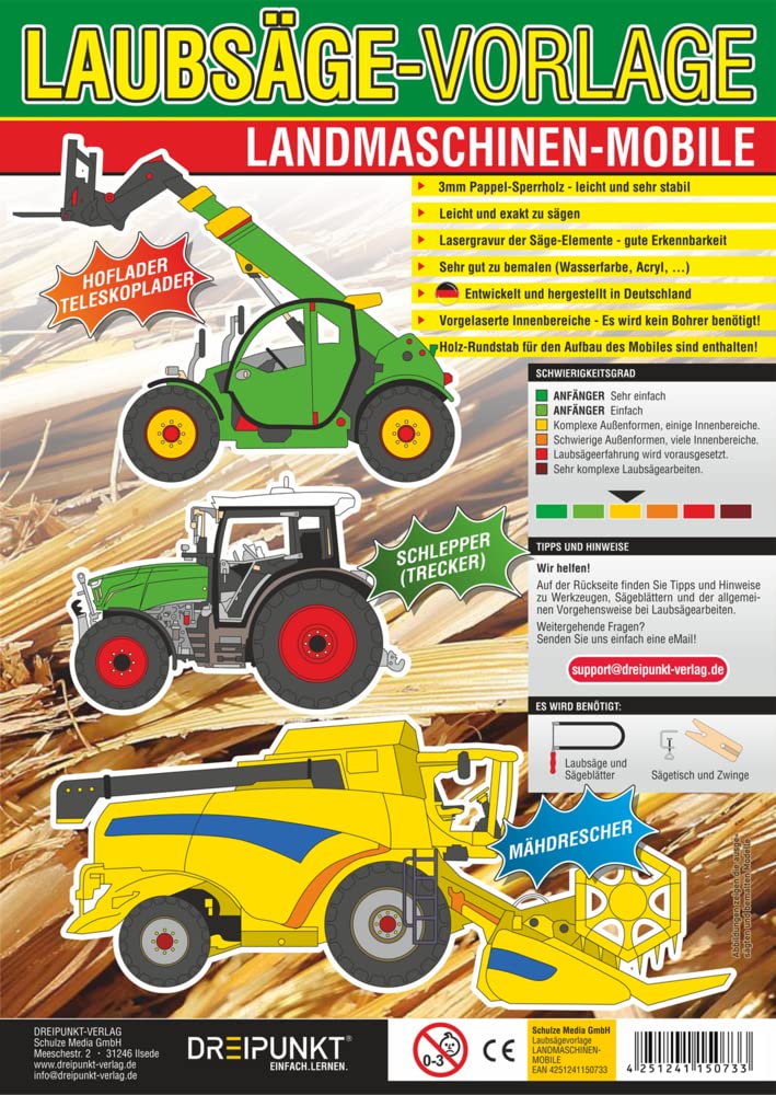 Laubsägevorlagen Landmaschinen (Mobile): Laubsägevorlage für ein Landmaschinen-Mobile aus hochwertigem 3mm Pappel-Sperrholz. Hobbies & Crafts